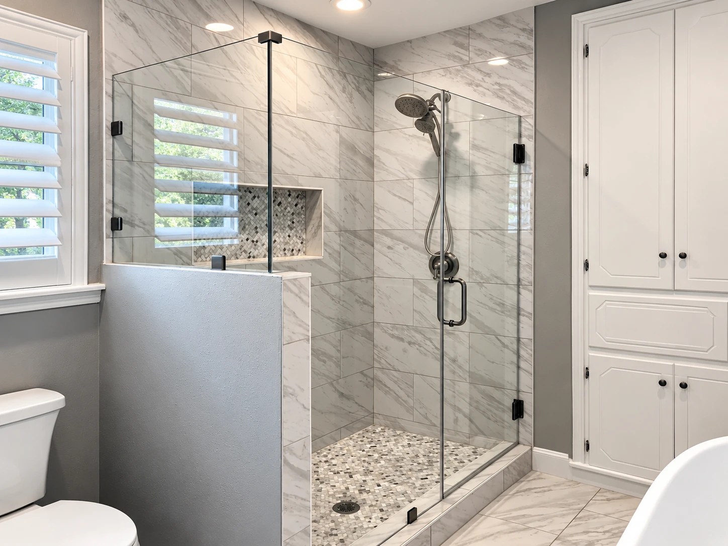 Remodeled bathroom with marble-look tile walk-in shower and frameless glass