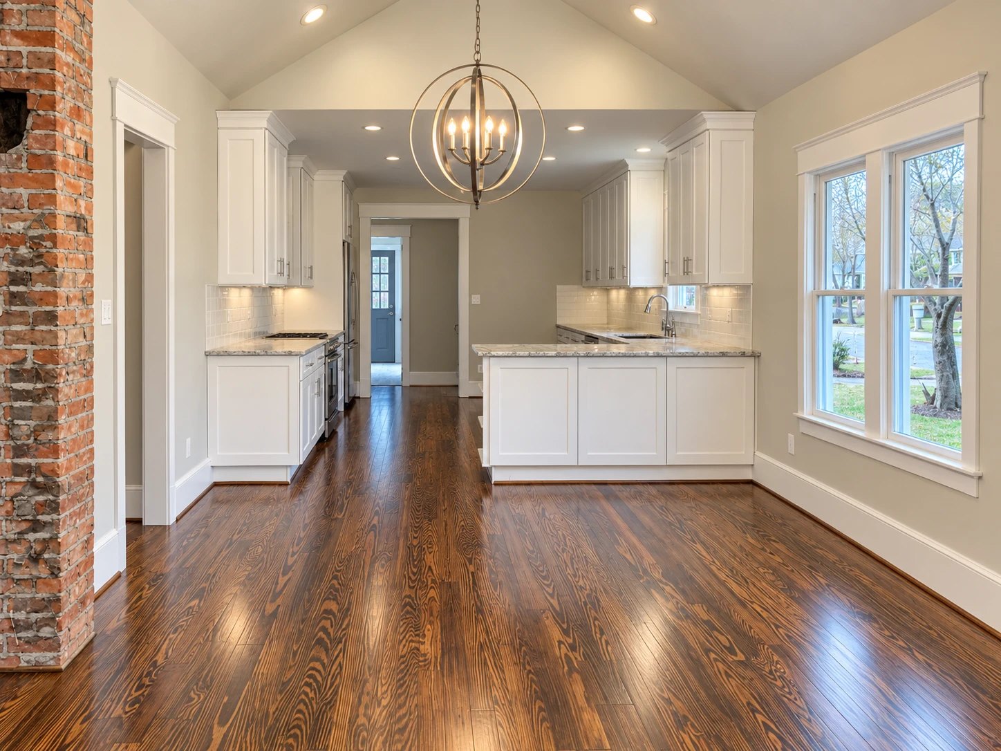 Refinished hardwood floors running through a remodeled kitchen and dining area