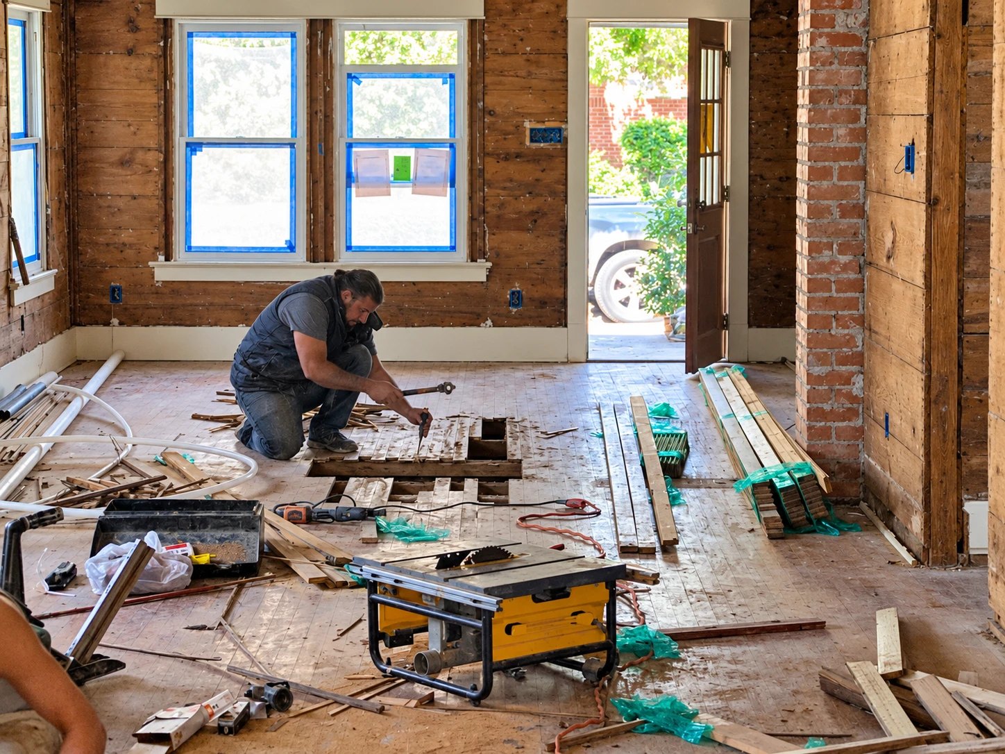 Old floorboards being removed and replaced during a flooring renovation
